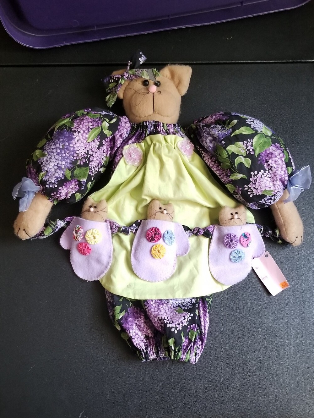 Vintage Purple Floral Cat Mom Plastic bag Holder With 3 Kittens In Mittens